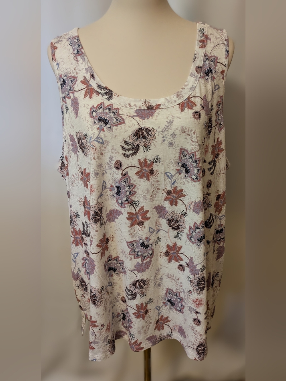 Maurice's Sleeveless Floral Tank Top in Cream with Blue,  Pink and Rust Accents